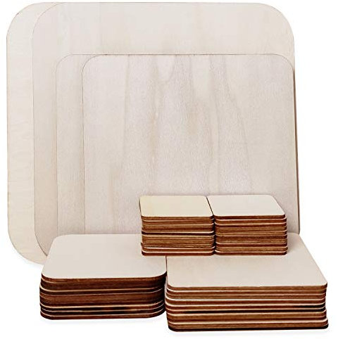 Thinkingwings 44 Stück unbehandelte Holzquadrate, 5 Größen, Holzplatten aus Naturholz, leere Holzscheiben, quadratisch für DIY-Handwerk, Brandmalerei, Kunstschnitzerei, Untersetzer, Malerei, Dekorati