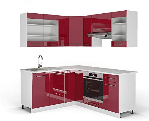 Vicco Eckküche Fame-Line, Bordeaux Hochglanz/Weiß, 190 x 160 cm | 10 Module · Höhenverstellbare Füße · Ohne Arbeitsplatte · MDF-Fronten · Softclose · Metallgriffe