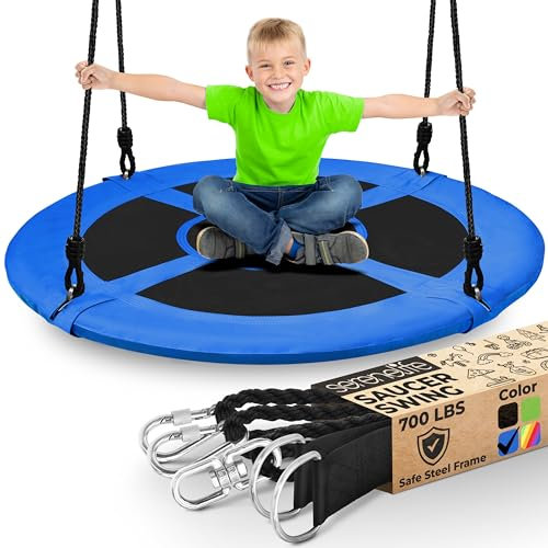 SereneLife Tree Swing Seat, Large Round Saucer Kids Swings, Adults and Kids Nest Swing, Durable Frame, 270kg Capacity, Indoor Outdoor Hanging Rope Swinging Seat for Backyard, Garden and More – Blue