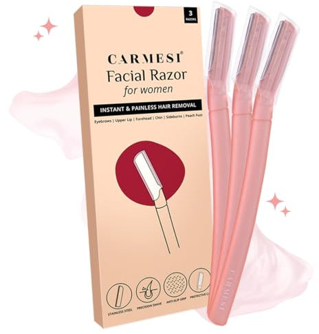 Carmesi Maquinilla de afeitar facial para mujer, depilación instantánea e indolora, piel brillante, cejas, labio superior, frente, pelusa de melocotón, barbilla, patillas | Paquete de 3