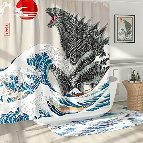 DESIHOM Roliga höga duschdraperi-set, roliga anime-monster duschdraperier för badrum coola asiatiska japanska badrumsdekor polyestertyg – 183 cm x 198 cm