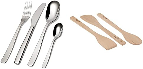 Alessi Knifeforkspoon Ajm22S24M Servizio Completo Di Posate Di Design, 24 Pezzi In Acciaio Inox & Ajm27Set Set Utensili Da Cucina Di Design In Legno, Composto Da 2 Cucchiai E 1 Paletta