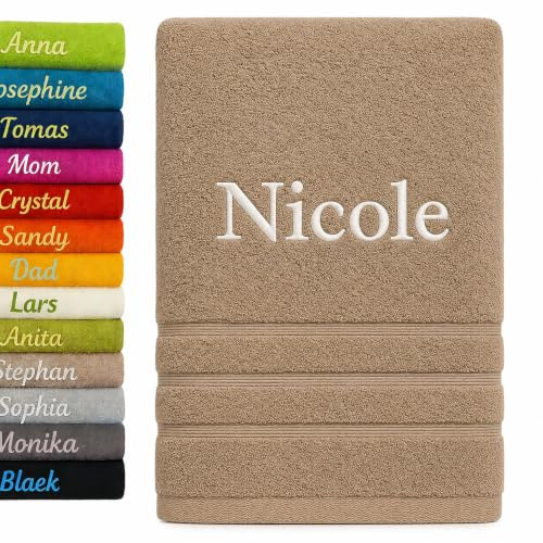 Pet-Jos Personalisiertes Badetuch mit Namen Schön Bestickt Name Benutzerdefinierte Handtuch 140 x 70 cm Badetuch Baumwolle Handtuch (Dunkelbeige)