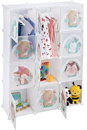 Relaxdays Steckregal Kinder, 2 Kleiderstangen, Türen mit Tierkindern, HBT: 145x110x37 cm, DIY Kinderkleiderschrank, weiß