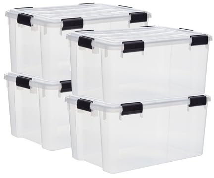 Iris Ohyama, Boite Rangement Hermétique, 50L, Lot de 4, Transparent, Couvercle avec Joint Etanche, 6 Clips de Fermeture, Empilable, pour Exterieur, Garage, Vetement, Anti Poussiere, Sans BPA, DDAT-L