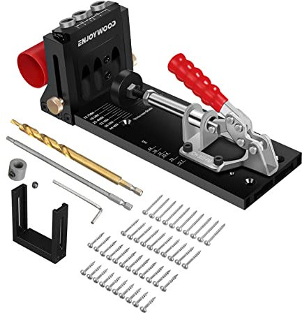 ENJOYWOOD XK-4 Pocket Hole Jig Set, Aluminium Taschenloch Bohrschablone, Bohrschablone Schrägloch, Schrägloch Bohrhilfe mit 40 Stück Taschenlochschrauben 2 Bohrer