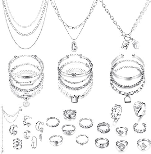 LOLIAS 35 Stück Gold/Silber Schmuckset Mit 3 Stück Anhänger Halskette 11 Stück Geschichtetes Armband 7 Stück Ohrmanschetten Ohrring 14 Stück Knöchelringe Für Damen Mädchen Modeschmuck