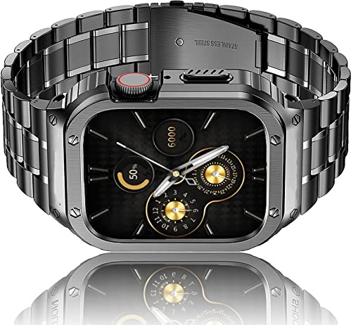 HASLFM Armband Kompatibel mit Apple Watch 44mm 42mm(Series 3/2/1), Robustes Edelstahl Metall Ersatz Armband mit Gehäuse Cover für iWatch Series 6/5/4/3/2/1/SE3/SE2/SE für Männer, Grau