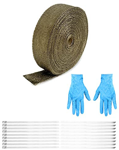 QWORK® 15 m X 5 cm Titanium Motorcycle Exhaust Wrap Roll, Exhaust Manifold Downpipe Heat Wrap Roll, 10Pcs Stainless Steel Ties + Gloves