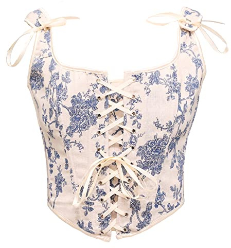 Bslingerie® Korsett för damer, retrostil, vintagestil, viktoriansk stil, motiv med djur, tryck med katter, bustier, renässansstil, magtröja, linne, Blå blommig, S