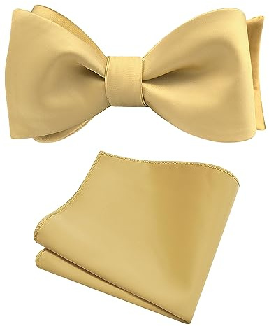 Gusleson Mens Gold Self Tied Bow Tie Satin Silk Light Yellow Retro Bow tie Handkerchief Set for Wedding (UK0685-07)