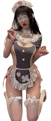 SNOMYRS Hembiträde kostym anime cosplay japansk utsökt förkläde Fancy Kawaii snörning set underkläder bodysuit grå, grå, en storlek