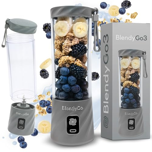 BlendyGo 3 Tragbarer Mixer, Blender, Mini Standmixer, 550 ml, Smoothie maker, Mixer smoothie maker to go, kabellos, zerkleinert Eis und Obst, BPA-freie, PulseMotion & BlendPro (Grau)