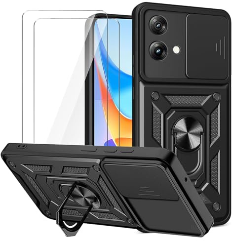 LYZXMY Funda para Motorola Moto G84 5G (6.5) + 2 x Protector de Pantalla Vidrio Templado - Carcasa con Soporte rotativo de 360 °[ Doble Capa PC + TPU ] Caso Case Negro