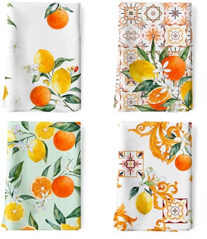 Arquiel Zitronen Geschirrtücher 100% Baumwolle 4er-Set 48 x 70 cm | 48 x 70 cm Leichtes Gewebe Retro Boho Muster für Blumeliebhaber, Pflegeleicht Küchenhandtuch Dekorative Geschenk