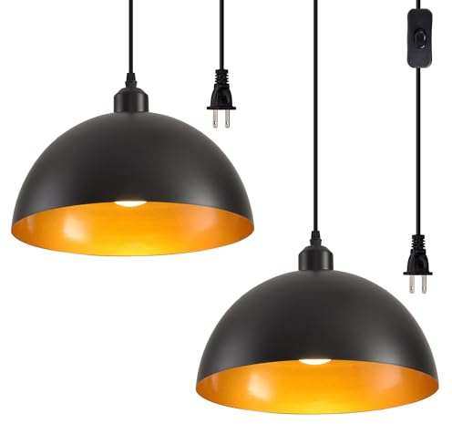 AOJUNSANSAN Plug in Pendant Light 2 Pack Industrial Hanging Lamp with Golden Finish Inside Black Vintage Pendant Lighting Fixtures with 15ft Cord On/Off Switch