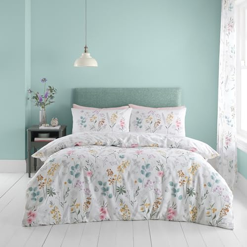 Catherine Lansfield Emilia Floral Reversible Double Duvet Cover Set with Pillowcases White Green