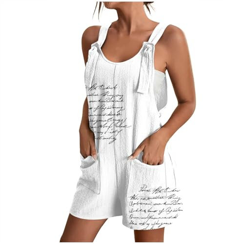 Damen Sommer Ärmellos Overalls Casual Kurz Jumpsuit Loose Spaghetti Trägerhose Baumwolle Leinen Latzhose mit Taschen Shorts Mode Polka Dot Druck Playsuit Leicht Vintage Einteiler Onesie