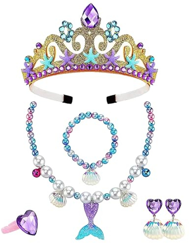 FUIPVGI Meerjungfrau Schmuck Set für Mädchen - Prinzessin Krone, Halskette, Ohrringe, Armbänder, Ringe - für Geburtstag, Party, Karneval, Rollenspiele (6 Stücke)
