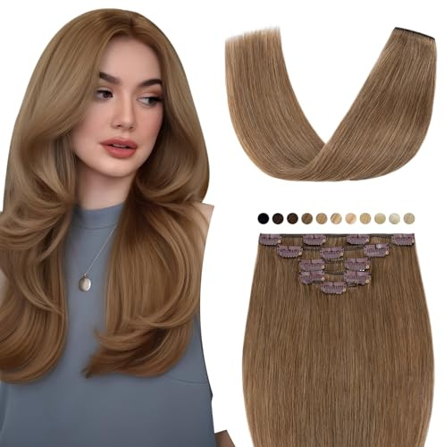 Elailite Echthaar Extensions Clip in #6 Hellbraun, 5 Tressen Remy Haarverlängerung mit 12 Clips, 35cm-60g Glattes Haarteile Natürlich Haarextension für Frauen Damen