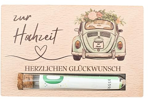 Geldgeschenk zur Hochzeit - Geschenkkarte aus Holz, Hochzeitsgeschenk Brautpaar, Geld kreativ verschenken, Eheleute, Geschenkverpackung Geld Gutschein (Hochzeitsauto)
