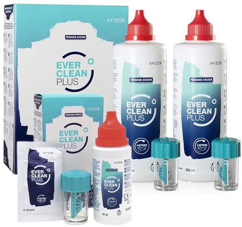 Avízor Ever Clean Plus - Soluzione detergente e disinfezione per lenti a contatto, rimozione profonda dei depositi lipidici, 2 flaconi da 350 ml + 90 compresse e flacone da 60 ml + 8 compresse, kit da