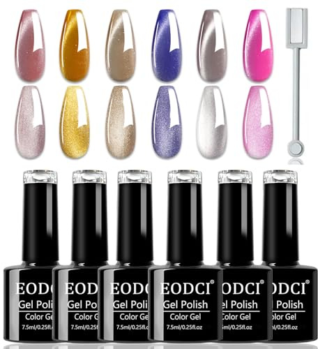 EODCI Cat Eye UV Nagellack, 6 Farben Jelly Gel Nagellack mit Magnet, Cateye UV Gel Nail Polish mit Magnetstiften Set Cat Eye Soak Off DIY Set, 7.5 ml