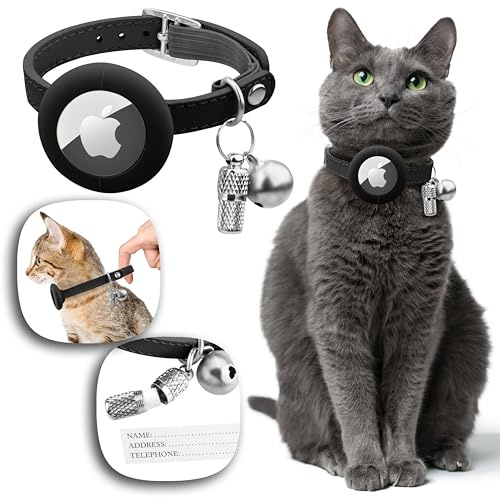 Katzenhalsband AirTag Mit Gummizug - Leder Halsband Mit Glocke, Namen und GPS Tracker Ohne ABO - Sicheres Katzenband Mit 30Sch
