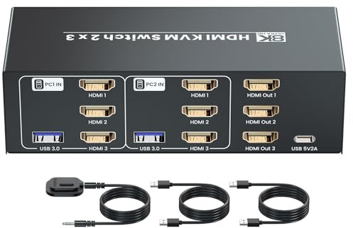 8K/60Hz USB 3.0 Three Monitor HDMI KVM Switcher, 4K120Hz HDMI KVM Switch 3 Monitors 2 Computers for 2 PC Share 3 Monitors and 1 Set of Keyboard Mouse Printer Scanner and More