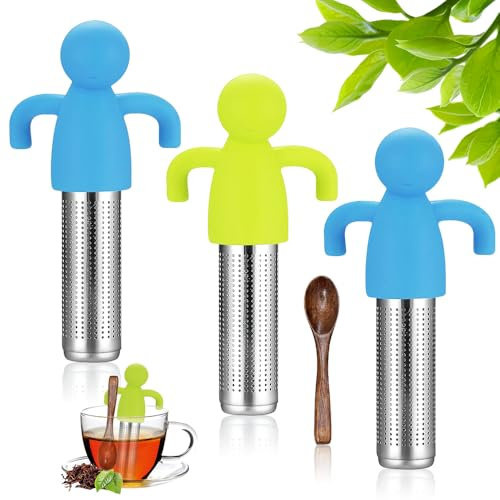 Riisoyu 3 Stück Kreatives Teefilter mit 1 Löffel, 304 Edelstahl Teesieb mit Silikongriff Lustig Teeei für Losen Tee Humanoid Tea Infuser Teefilterhalt Gewürzsieb Tea Strainer für Rose Kaffee Gewürze
