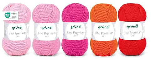 Gründl Lana Lisa Premium Uni - Lana para punto y ganchillo - Suave y delicada con la piel - 100% poliacrílico - 5 ovillos de 50 g / 133 m - Tamaño de agujas: 3,5-4,5 mm - 5 x 50 g Rosa-Fucsia-Rojo