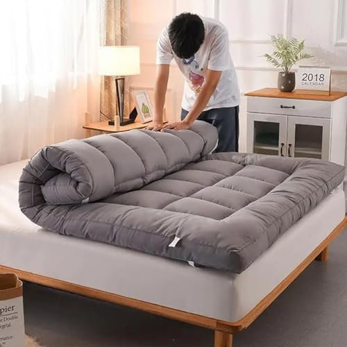 Japanische Tatami gesteppte Klappmatratze, weiche Bodenmatte für Camping und Lounging, aufrollbares Futonbett, Sofa, grau, Doppelgröße (150 x 200 cm)