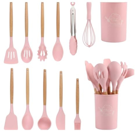 TINA&CO Juego de 12 Utensilios de Cocina de Silicona con Mango de Madera - Kit de Cocina Completo de Menaje, Antihaderente, Resistentes al calor y Duraderos (Rosa)