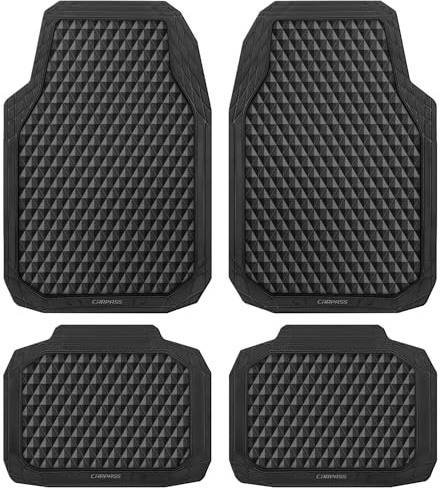 CAR PASS Black Rubber Car Mats, All-Weather Floor Mats Full Set Durable Anti-Slip 3D Rhombus Waterproof Automotive Pad Trim to Fit Liner Universal Fit for Sedan SUV Truck Van, 4 Pcs All Black Rubber