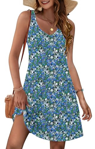 MOLERANI Summer Dresses for Women UK - V Neck Women Dresses Casual Sleeveless Ladies Dress with Pockets Flower Blue M