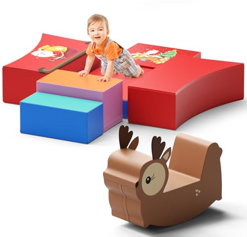 Lischwert Kinder Schaumstoff bausteine Weihnachtsthema, Baby-Kletterblöcke, weiches Spielklettern für Kleinkinder mit Hirsch, Schaukelpferd, Indoor-Kletterspielzeug für 1–3, 7 Stück