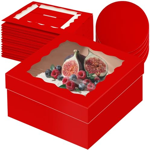 Gcardist Tårtkartong på 30,5 x 30,5 x 15,2 cm, 5 set röda tårtlådor med fönster och 5 set röda tårtunderlägg på 30,5 cm, tårtbehållare på 30,5 cm