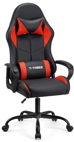 T-THREE.High-back ergonomic gaming chair, computer, office, desk chair, swivel seat, racing-style seat with 150kg weight capacity.(Red)
