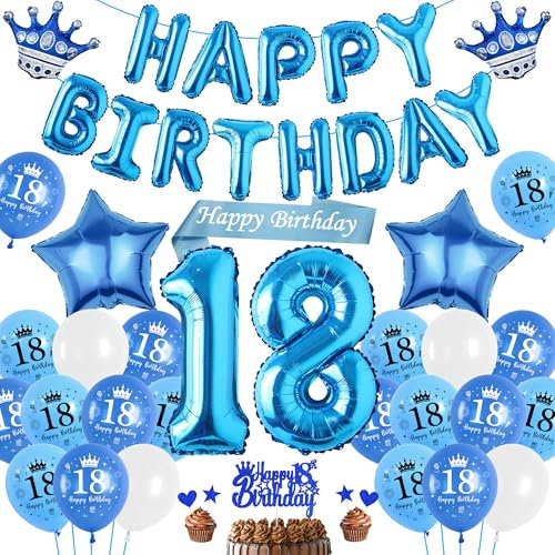 Luftballon 18. Geburtstag Deko Junge Blau, Happy Birthday Banner Ballons XXL Zahl und Stern Kronen Folienballon, Tortendeko Schärpe Geburtstagsdeko für 18 Jahr Jungen Mädchen