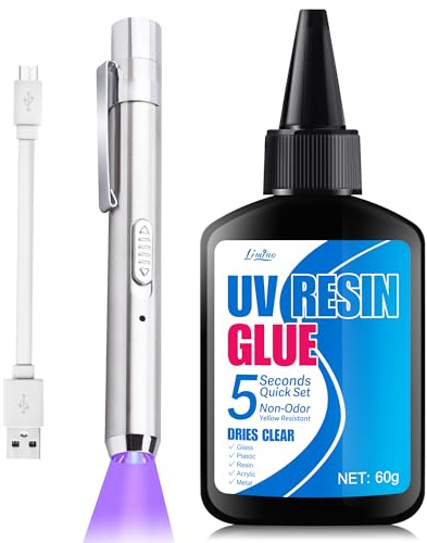 UV Harz mit Lampe - 60g UV Kleber mit Wiederaufladbarer UV Taschenlampe, 5 Sekunden Schnellhärtung, Schnelles Kleben & Schweißen UV Klebstoff, Ideal zur Reparatur von Schmuck, Glas, Harz, Kunststoff