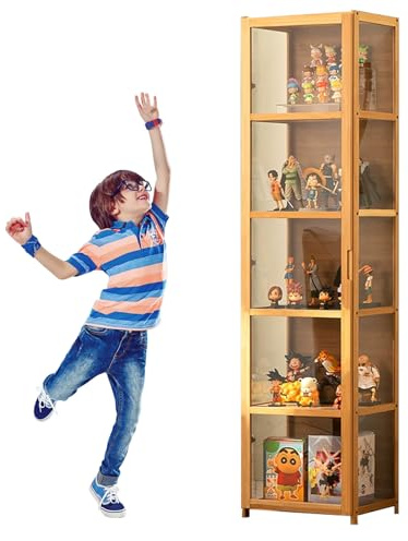 Witriolik Display Cabinets, 42x33x161cm Glass Display Cabinets, Display Cabinet Curio Cabinet, Double Door Acrylic Display Case, Natural Bamboo Frame for Various Scenarios(Original Wood)