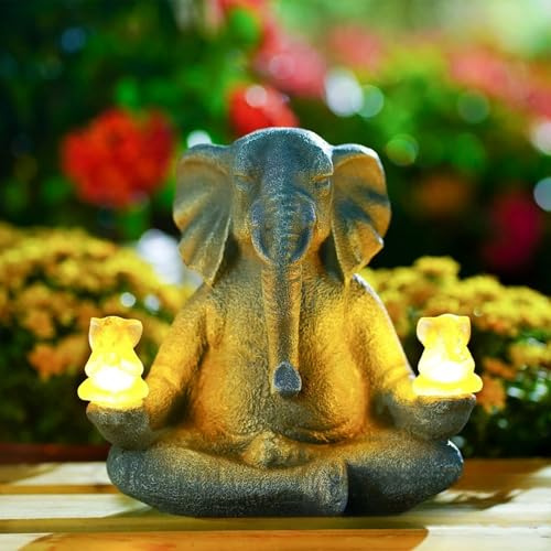 Tuzsocr Elefanten Deko mit Solarlampen, Yoga Elefant Gartendekoration, Meditation Elefantenstatue LED Lichter, Sitzen im Freien Frosch Figur Lichter, Wetterfest,für Rasen,Geschenke für Frauen (Stil 1)