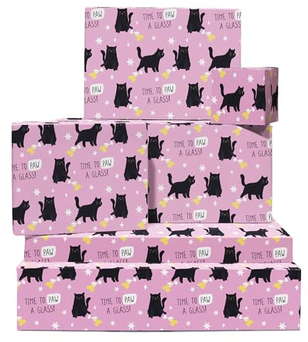 Rosa presentpapper med kattmotiv – Dags att tappa ett glas – 6 ark för brudfest, födelsedag, jul – för vänner, bästa vän, kvinnor – med etiketter