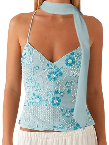 Damen-Top mit Pailletten, glitzernd, Neckholder, Y2K, Perlenverzierung, sexy Tank-Top, Ausgehen, Party, Clubwear