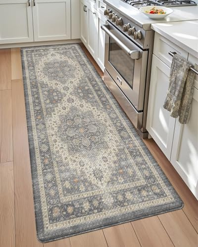 DEXI Tappetini da cucina anti affaticamento, 43 x 140 cm, vintage, impermeabili, comodi, in memory foam, imbottiti, per lavello, lavanderia, ufficio, grigio scuro