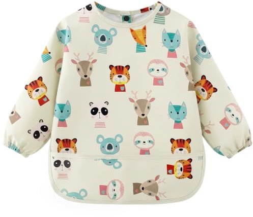 AOOTE Bavoir Manche Longues, Imperméable Bib Bébé en PU pour Bébés Infants, Bavette de Sevrage avec Manches Longues, Bavoir à Manches Bébé avec Poches, Facile à Nettoyer et Lavable en Machine