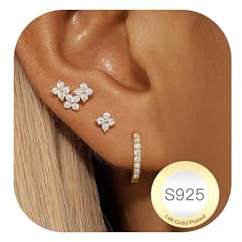 Halora 3 Paar Ohrringe Silber 925 Set Damen 14K Vergoldet Kleine Creolen Ohrstecker Gold/Silber Hypoallergen Stapelbar Zirkonia Ohrringe Stecker Creolen Set Schmuck Gifts