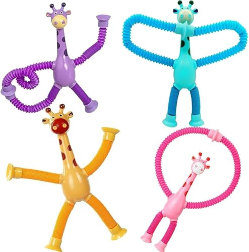 4pcs Jouet Girafe Télescopique avec Ventouse, Jouet éducatif Amusant de soulagement du StressJouets sensoriels de Jouet de Girafe, Jouet Fidget Pop Tubes, Jouets sensoriels de Girafe