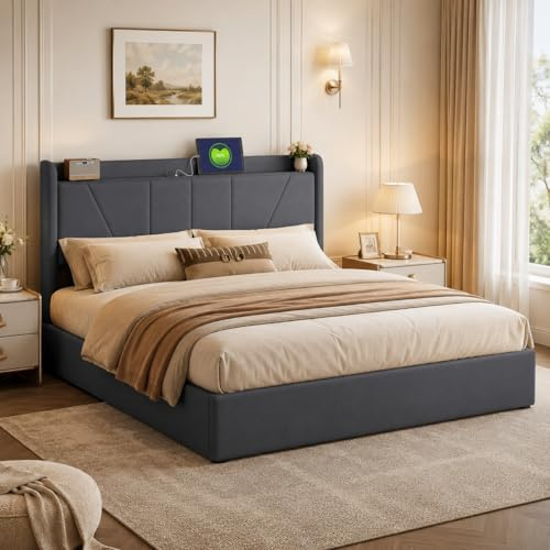 Doppelbett 160x200cm, Hydraulisch Stauraumbett Gepolstertes Bett, Polsterbett mit USB-Ladestation, Jugendbett Funktionsbett Bettgestell mit Lattenrost, Leinen, Ohne Matratze(Grau+Leinen, 160x200cm)
