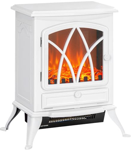 HOMCOM Cheminée électrique sur Pied 1000/2000 W, Fausse cheminée décorative avec Effet Flamme LED, Protection Contre la surchauffe, Zone de Couverture 15-30 m², Blanc